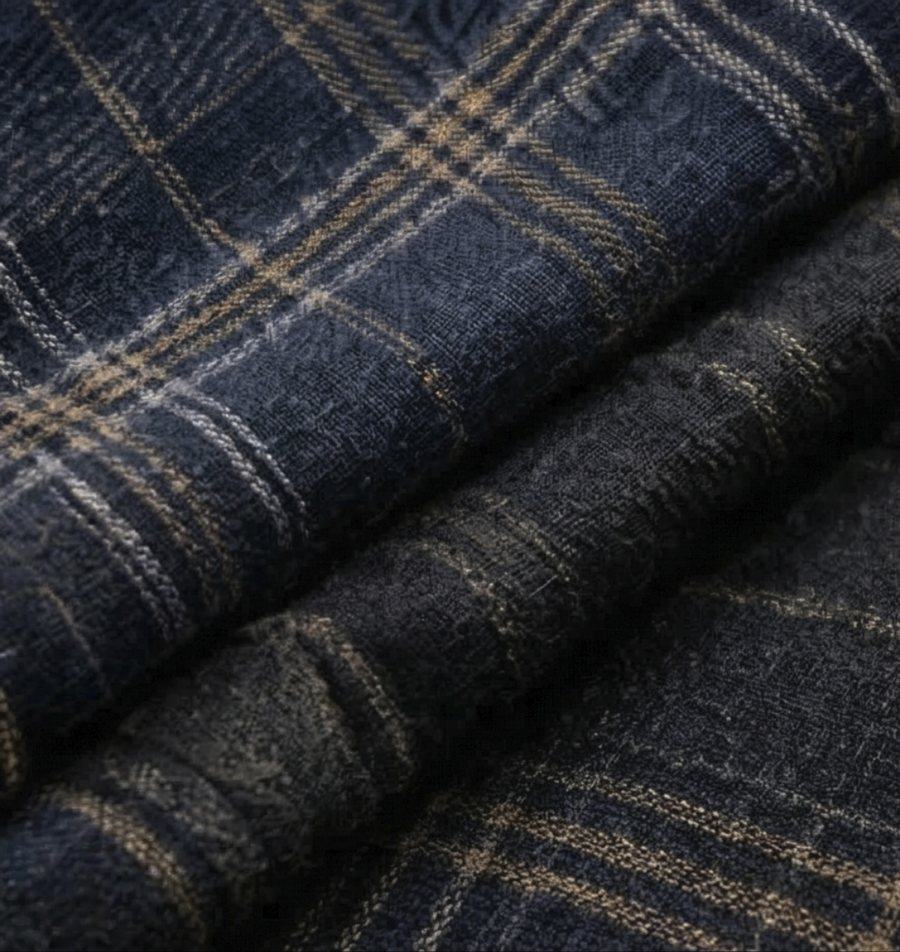 Navy tartan blazer fabric with a gold check