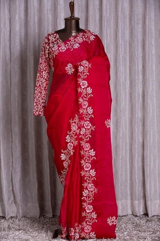 Red silk saree with white floral embroidery