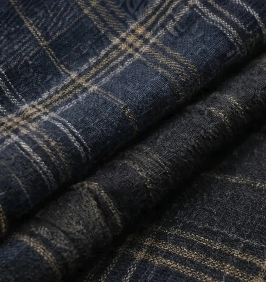 Navy tartan blazer fabric with a gold check