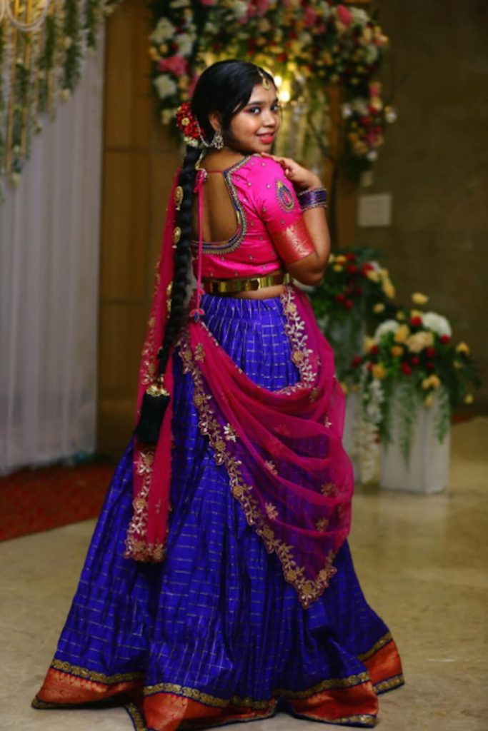 Royal-blue lehenga silk with a pink zari dupatta