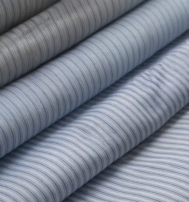 Rolls of blue and white striped shirting cotton